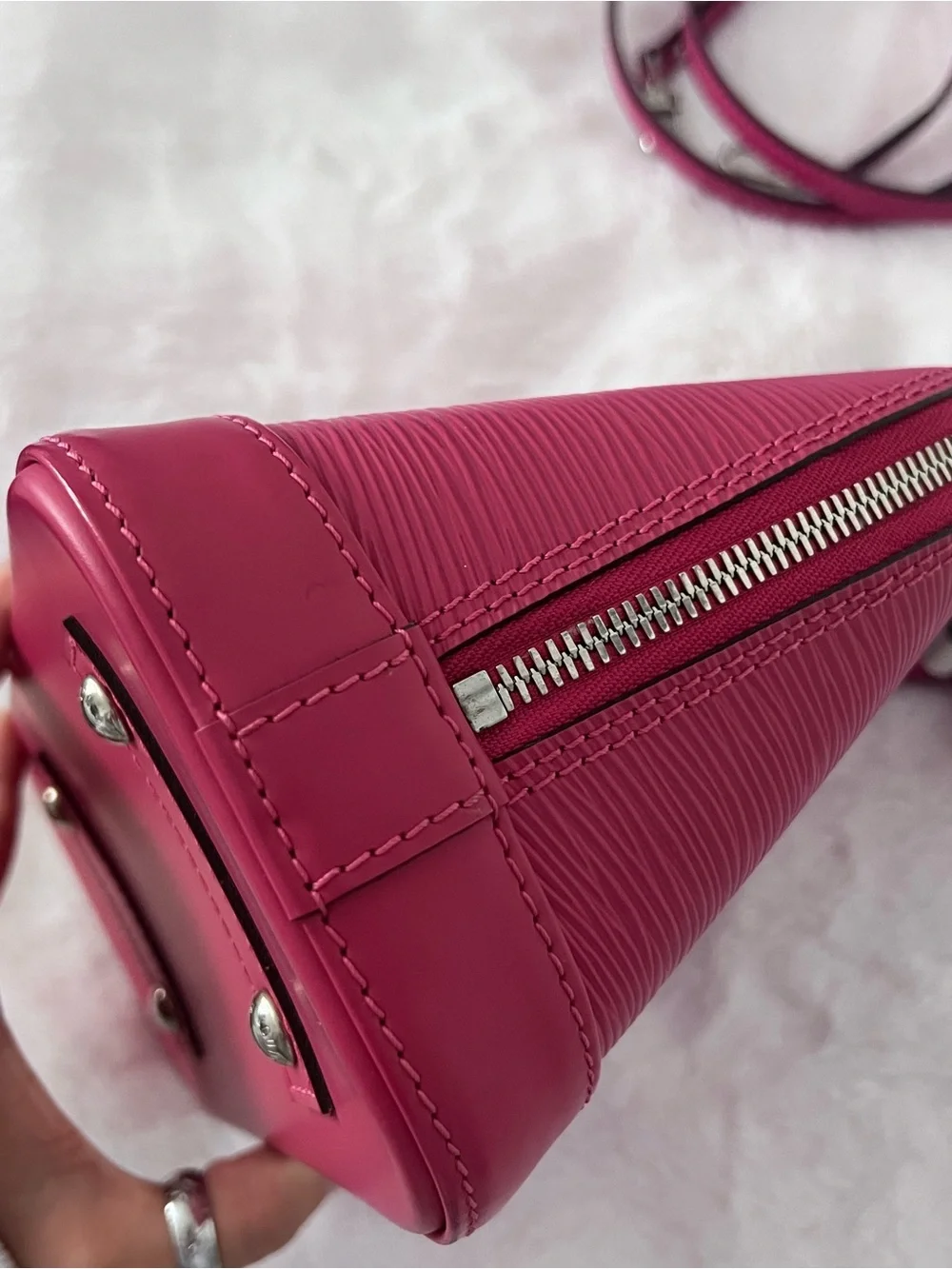 Louis Vuitton Epi Alma BB Pink Top Handle Bag with original strap, lock, & keys